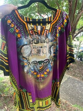Vibrant Purple Dashiki Top with Multicolor Tribal Print, artist made